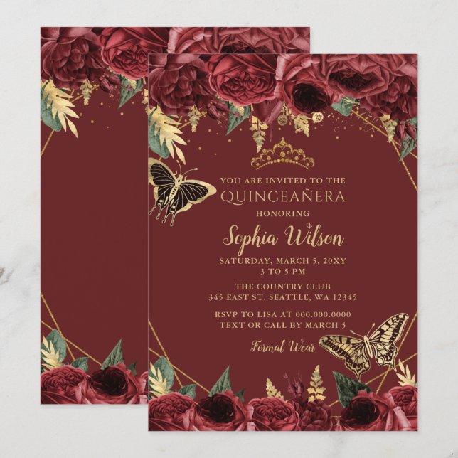 Burgundy Gold Floral Butterfly Quinceañera Quince  Invitation (Front/Back)