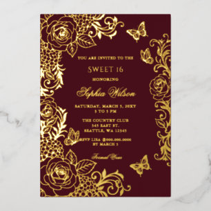 Burgundy Gold Floral Butterfly Sweet 16