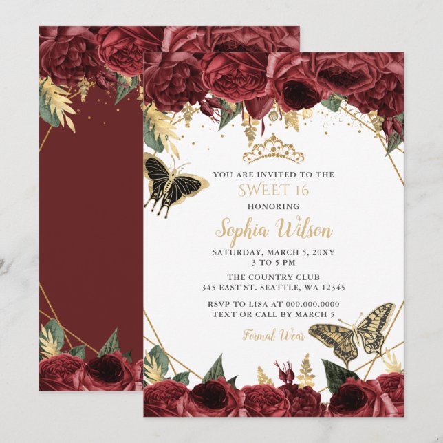 Burgundy Gold Floral Butterfly Sweet 16 Invitation (Front/Back)
