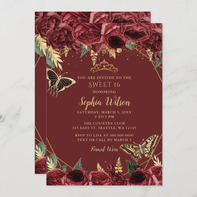 Burgundy Gold Floral Butterfly Sweet 16 Invitation (Front/Back)