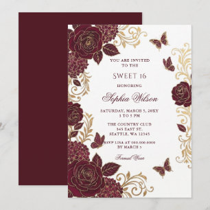 Burgundy Gold Floral Butterfly Sweet 16 Invitation