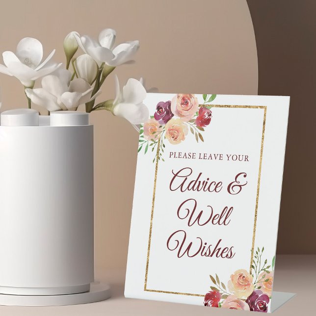 Burgundy Gold Floral Chic Autumn Wedding Advice Pedestal Sign (Creator Uploaded)