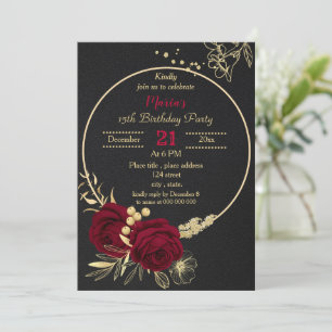 burgundy gold floral circle black birthday party invitation