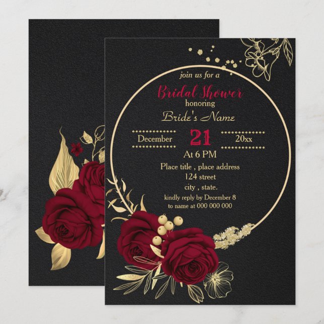 burgundy gold floral circle black bridal shower in invitation (Front/Back)