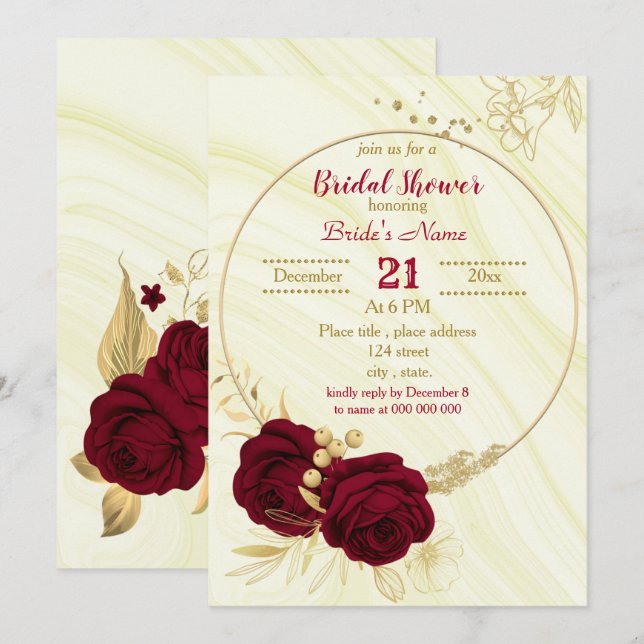 burgundy gold floral circle marble bridal shower invitation (Front/Back)