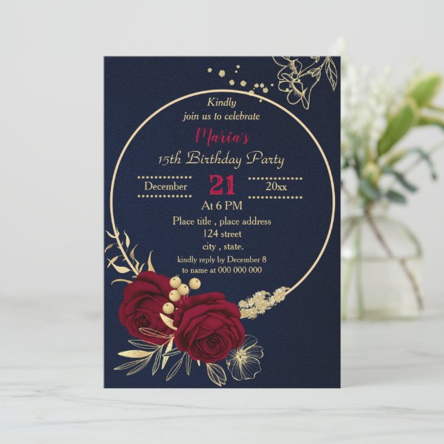 burgundy gold floral circle navy birthday party  invitation (Standing Front)