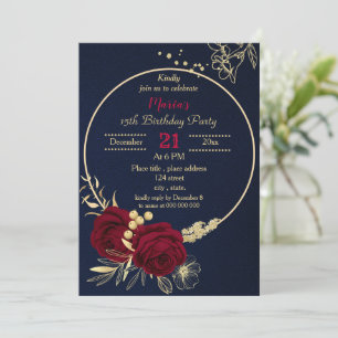 burgundy gold floral circle navy birthday party invitation