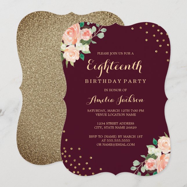 Burgundy Gold Floral Confetti 18th Birthday Party Invitation (Front/Back)