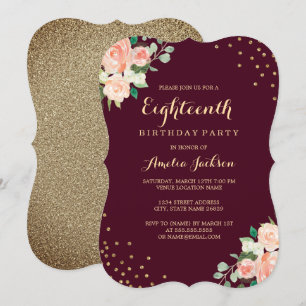 Burgundy Gold Floral Confetti 18th Birthday Party Invitation