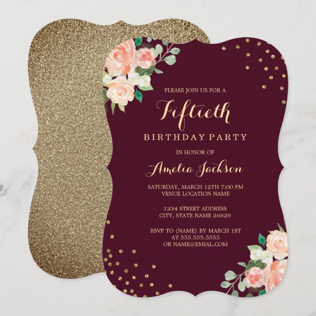 Burgundy Gold Floral Confetti 50th Birthday Party Invitation (Front/Back)