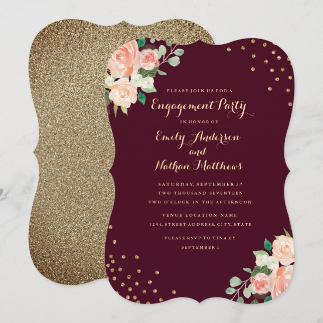 Burgundy Gold Floral Confetti Engagement Party Invitation (Front/Back)