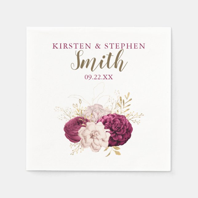 Burgundy & Gold Floral Custom Cocktail Wedding Napkin (Front)