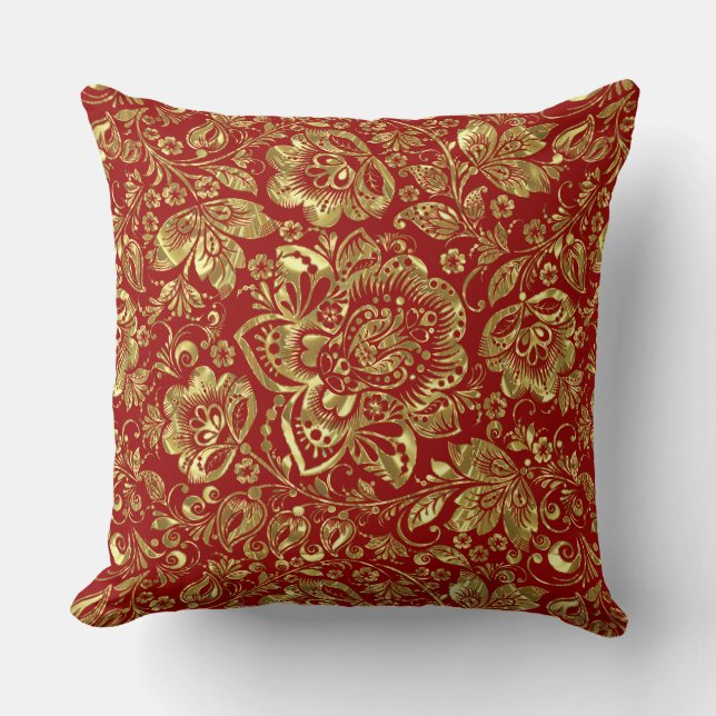 Burgundy & Gold Floral Damask Pattern Throw Pillow (Front)