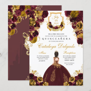 Burgundy & Gold Floral Elegant Quinceañera Invitation