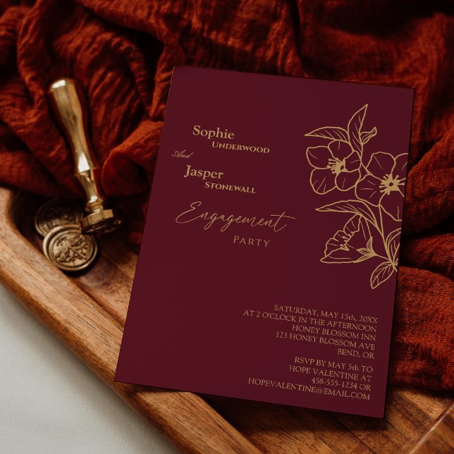 Burgundy Gold Floral Engagement Party Invitation (Creator Uploaded)