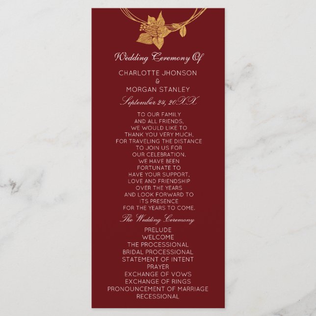 Burgundy Gold Floral Event Wedding Program Maroon1 Programme (Front)