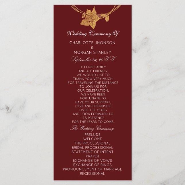 Burgundy Gold Floral Event Wedding Program Maroon Programme (Front)