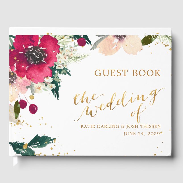 Burgundy & Gold | Floral Fall Rustic Wedding Guest Book (Front)