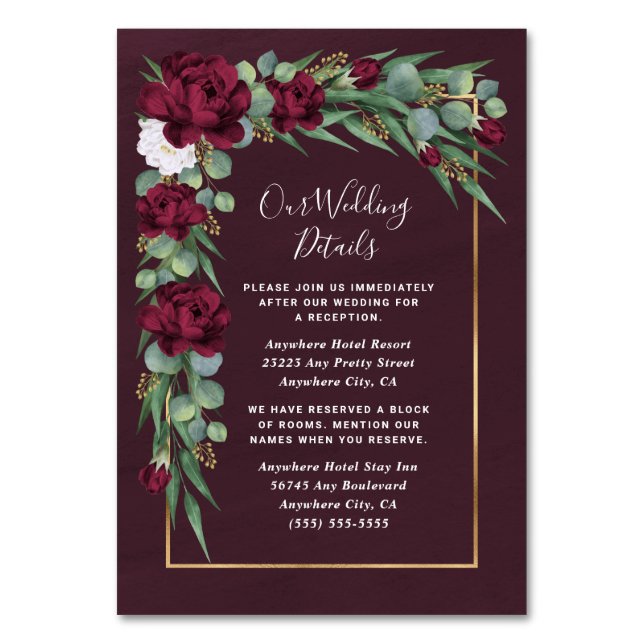 Burgundy Gold Floral Fall Wedding Enclosure Cards (Front)
