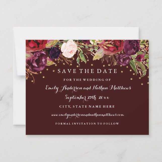 Burgundy Gold Floral Fall Wedding Save The Date (Front)