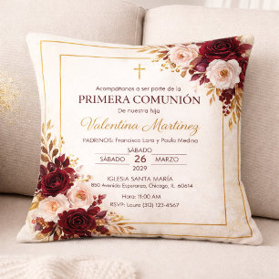 Burgundy & Gold Floral First Communion  Cushion