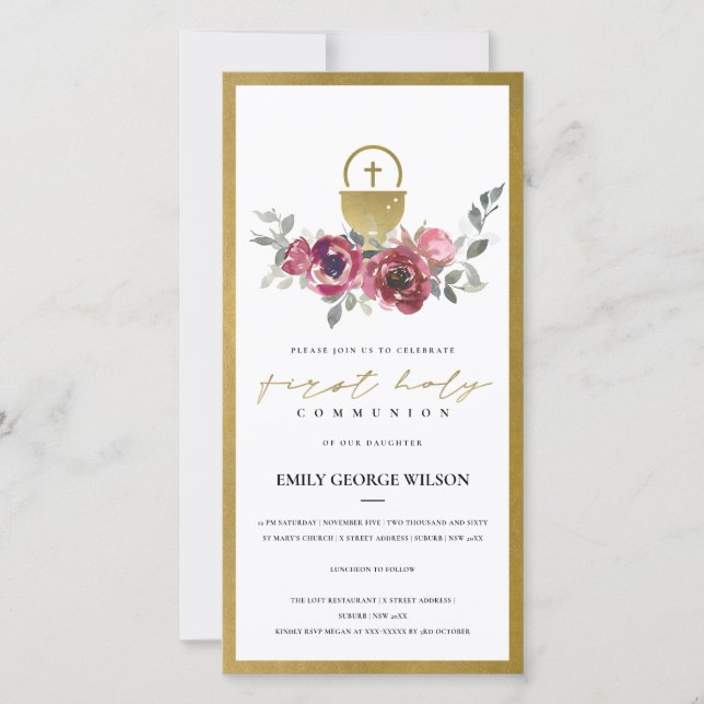 BURGUNDY GOLD FLORAL FIRST HOLY COMMUNION INVITE (Front)