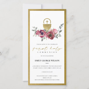 BURGUNDY GOLD FLORAL FIRST HOLY COMMUNION INVITE