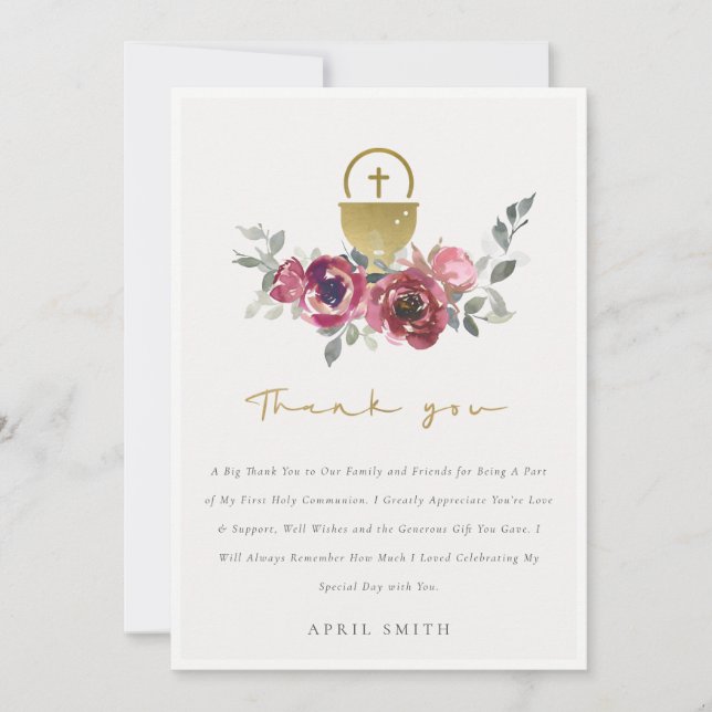 BURGUNDY GOLD FLORAL FIRST HOLY COMMUNION THANK YOU CARD (Front)