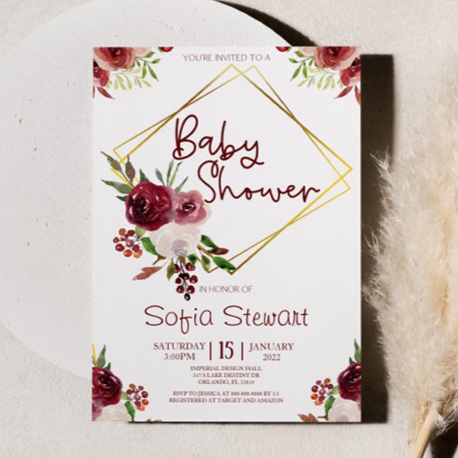 Burgundy Gold Floral Flower Frame Baby Shower Invitation (Creator Uploaded)