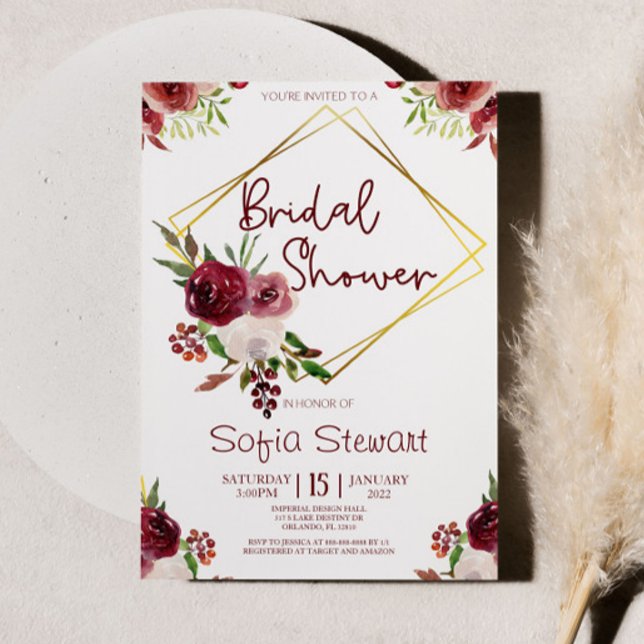 Burgundy Gold Floral Flower Frame Bridal Shower Invitation (Creator Uploaded)