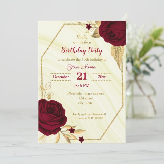 burgundy gold floral geometric birthday party invitation (Standing Front)