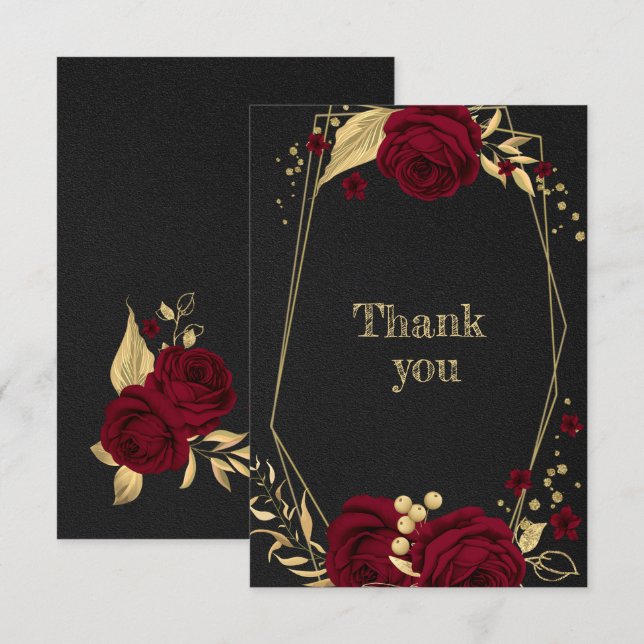 burgundy gold floral geometric black thank you card (Front/Back)
