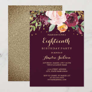 Burgundy Gold Floral Glitter 18th Birthday Party Invitation