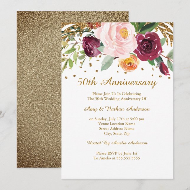 Burgundy Gold Floral Glitter 50th Anniversary Invitation (Front/Back)