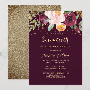 Burgundy Gold Floral Glitter 70th Birthday Party Invitation