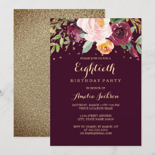 Burgundy Gold Floral Glitter 80th Birthday Party Invitation