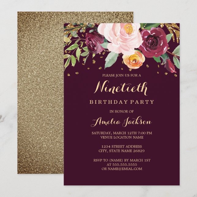 Burgundy Gold Floral Glitter 90th Birthday Party Invitation (Front/Back)
