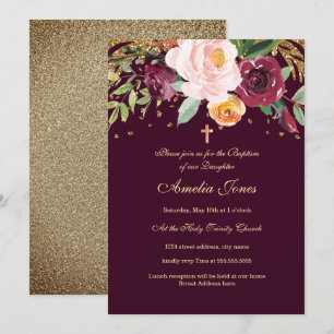 Burgundy Gold Floral Glitter Baptism Invitation