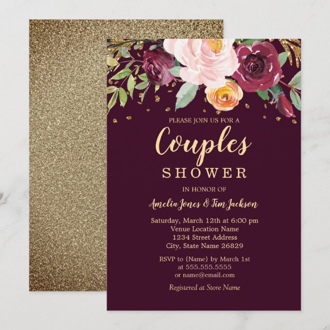 Burgundy Gold Floral Glitter Couples Shower Invitation (Front/Back)