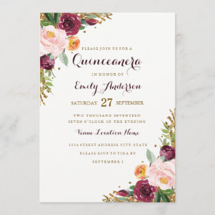 Burgundy Gold Floral Glitter Quinceanera Card
