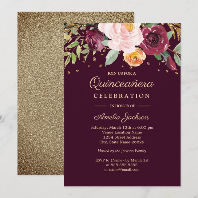 Burgundy Gold Floral Glitter Quinceanera Invitation (Front/Back)
