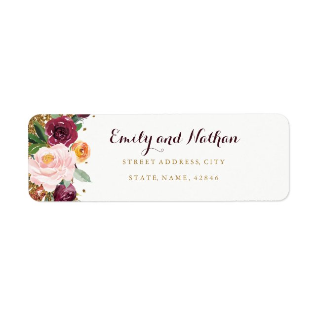 Burgundy Gold Floral Glitter Return Address Label (Front)