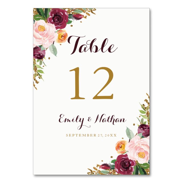 Burgundy Gold Floral Glitter Table Number Cards (Front)