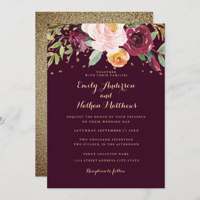 Burgundy Gold Floral Glitter Wedding Invitation (Front/Back)