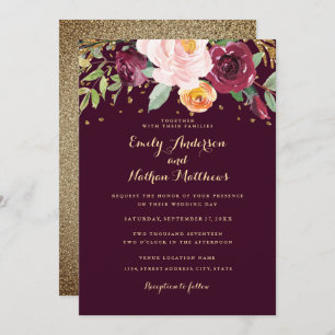 Burgundy Gold Floral Glitter Wedding Invitation