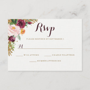 Burgundy Gold Floral Glitter Wedding RSVP Card