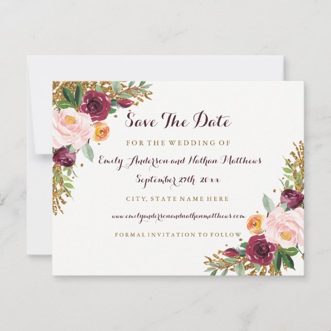 Burgundy Gold Floral Glitter Wedding Save The Date (Front)