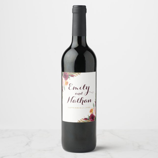 Burgundy Gold Floral Glitter Wedding Wine Label (Front)