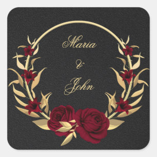 burgundy gold floral gold wreath black square sticker