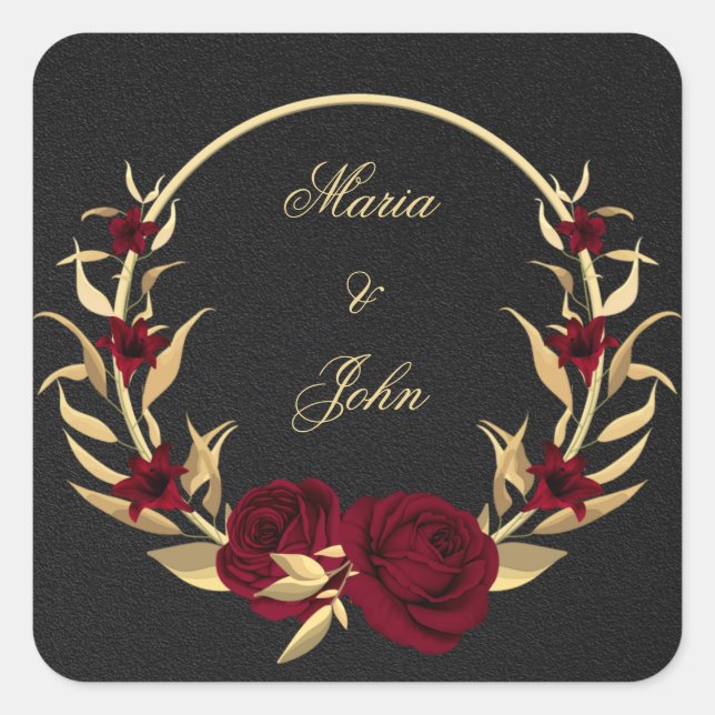 burgundy gold floral gold wreath black  square sticker (Front)